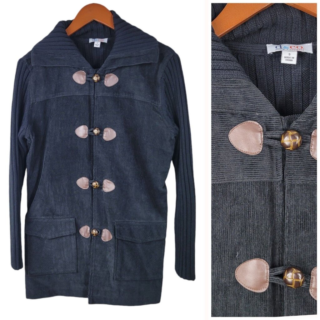 D&Co Corduroy Cardigan Sweater Jacket Size Small Black Toggle Button Stretch